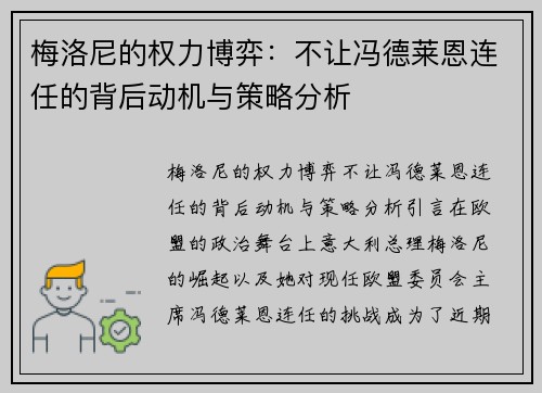 梅洛尼的权力博弈：不让冯德莱恩连任的背后动机与策略分析