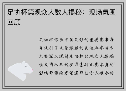 足协杯第观众人数大揭秘：现场氛围回顾