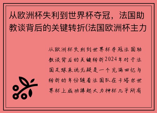 从欧洲杯失利到世界杯夺冠，法国助教谈背后的关键转折(法国欧洲杯主力2020)