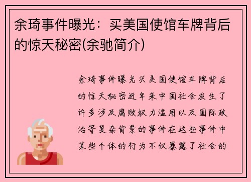 余琦事件曝光：买美国使馆车牌背后的惊天秘密(余驰简介)