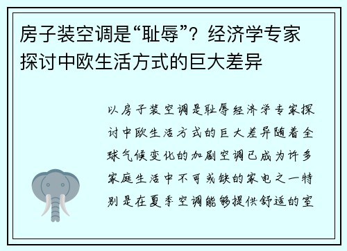 房子装空调是“耻辱”？经济学专家探讨中欧生活方式的巨大差异