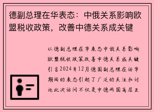 德副总理在华表态：中俄关系影响欧盟税收政策，改善中德关系成关键