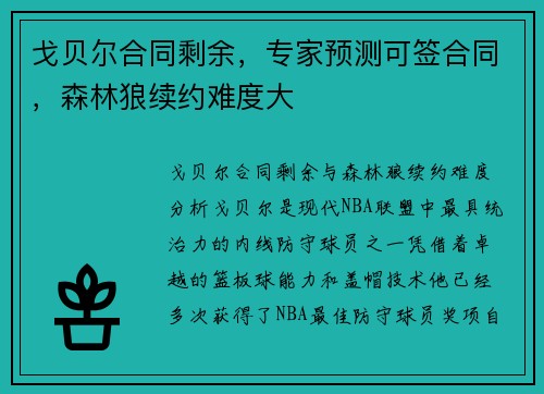 戈贝尔合同剩余，专家预测可签合同，森林狼续约难度大