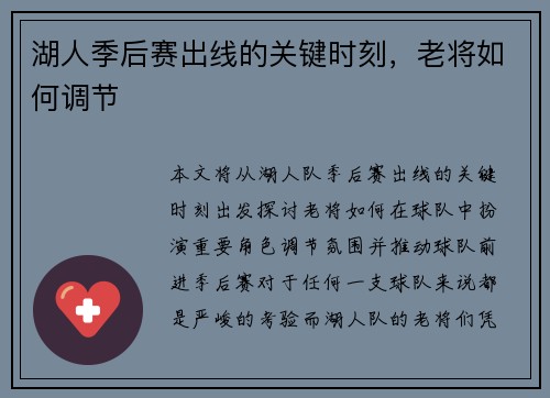 湖人季后赛出线的关键时刻，老将如何调节