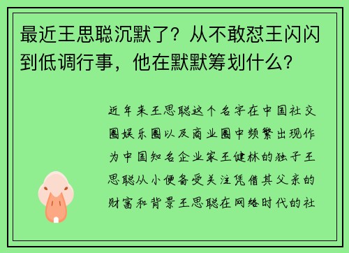 最近王思聪沉默了？从不敢怼王闪闪到低调行事，他在默默筹划什么？