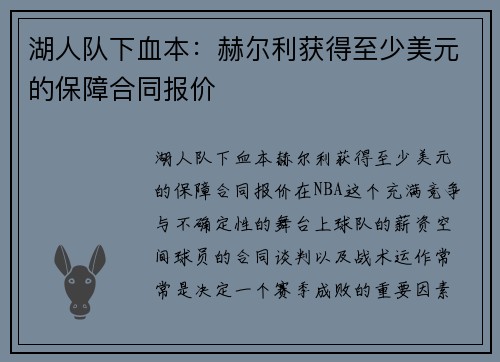 湖人队下血本：赫尔利获得至少美元的保障合同报价