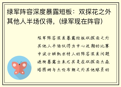 绿军阵容深度暴露短板：双探花之外其他人半场仅得，(绿军现在阵容)