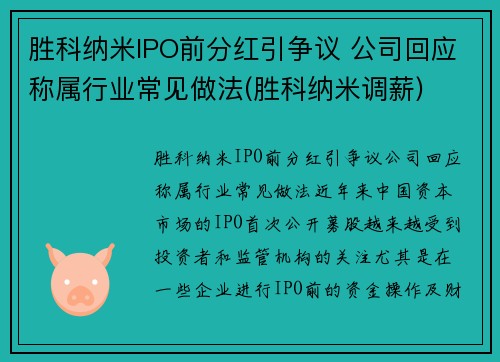 胜科纳米IPO前分红引争议 公司回应称属行业常见做法(胜科纳米调薪)